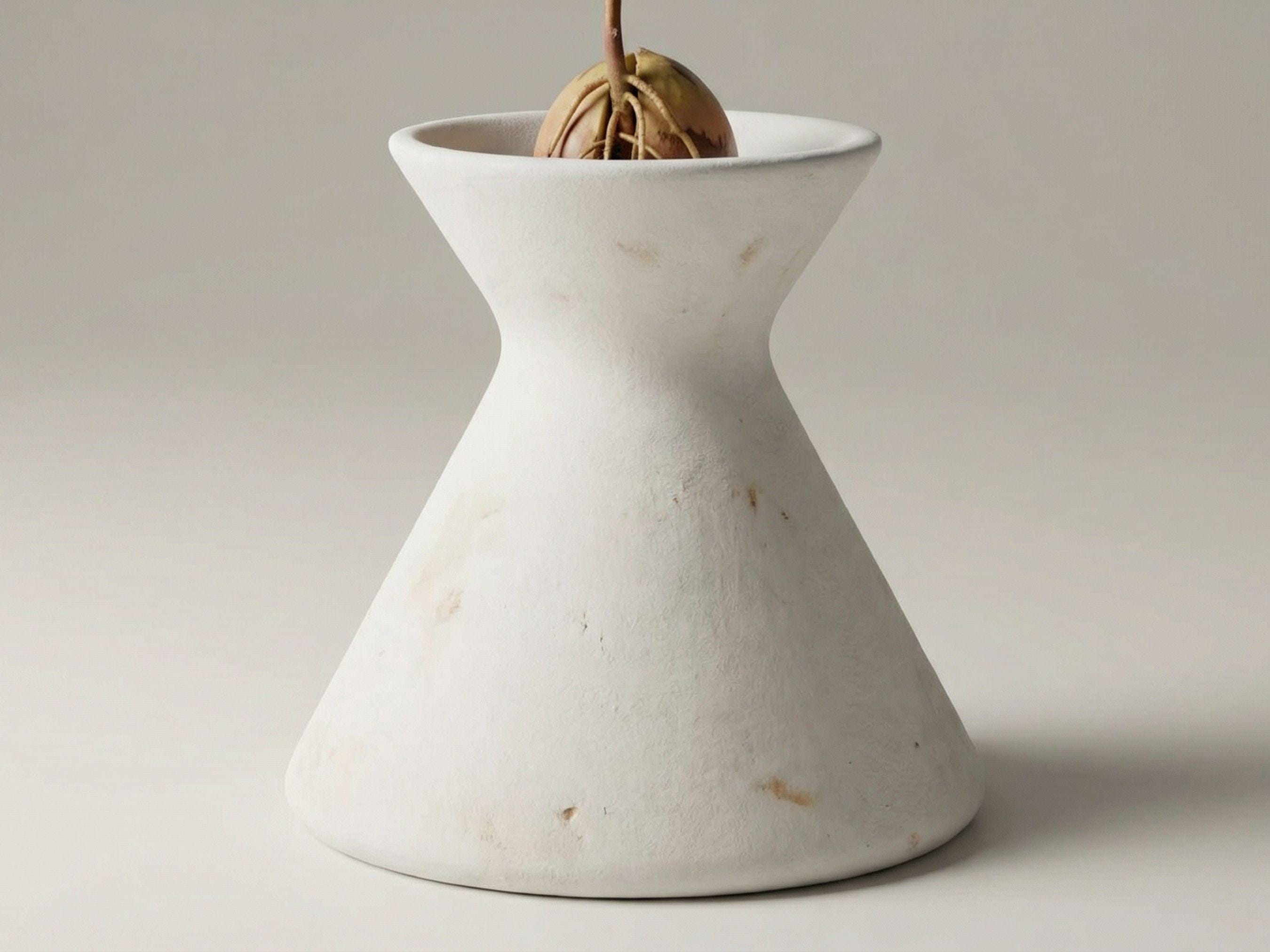 A white ceramic vase with a small plant growing in it, placed on a plain surface.