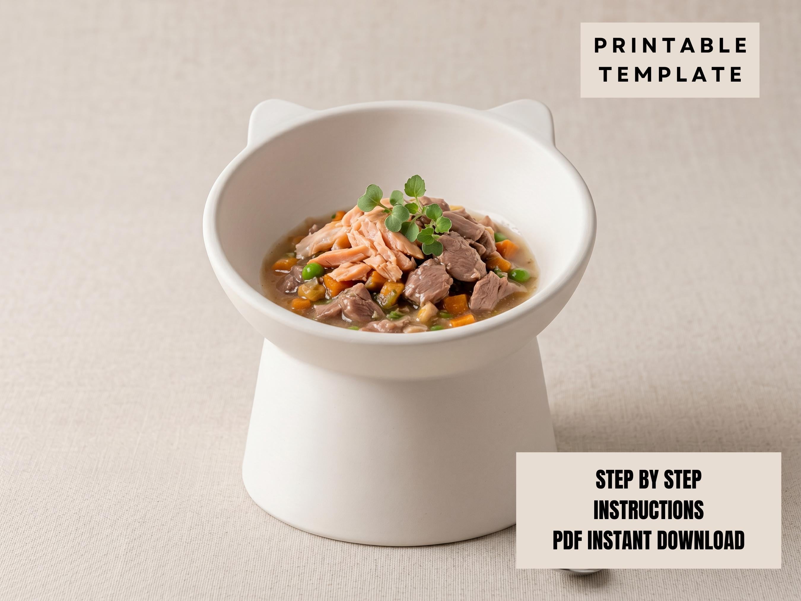 a bowl of food, possibly a soup or stew, with various ingredients such as meat, vegetables, and herbs. The bowl is placed on a white surface, and there is a text overlay that reads "PRINTABLE TEMPLATE" and "STEP BY STEP INSTRUCTIONS PDF INSTANT DOWNLOAD".